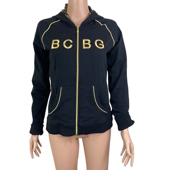 BCBGMaxazria Sweat Jacket Womens Large Black Gold Embroidered Spellout Full Zip - Picture 3 of 11